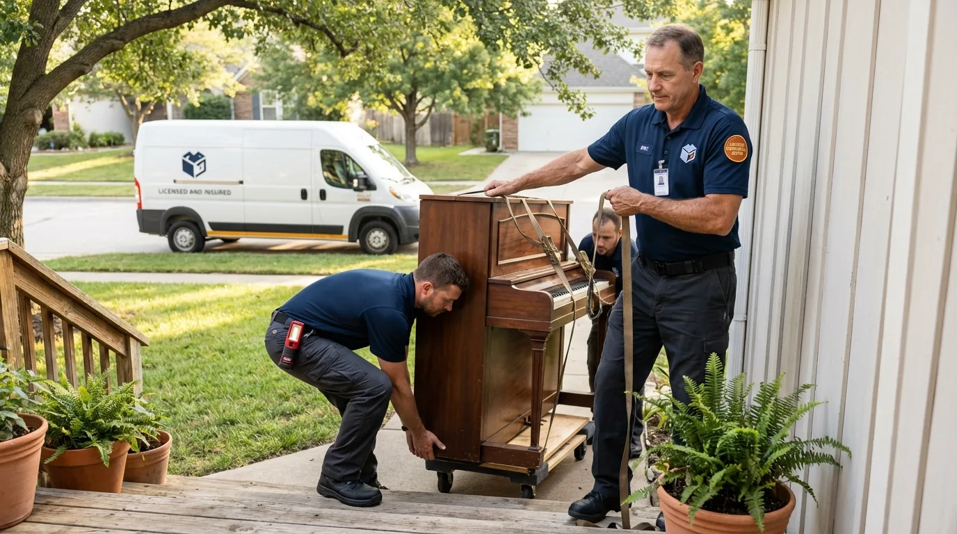 Licensed piano movers securing grand piano in Moultonborough, NH