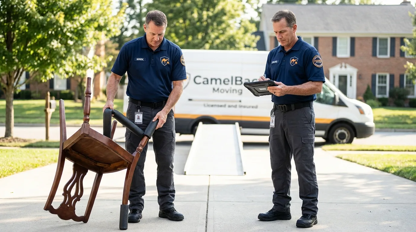 Movers inspecting furniture for damage prevention before loading in Moultonborough, NH