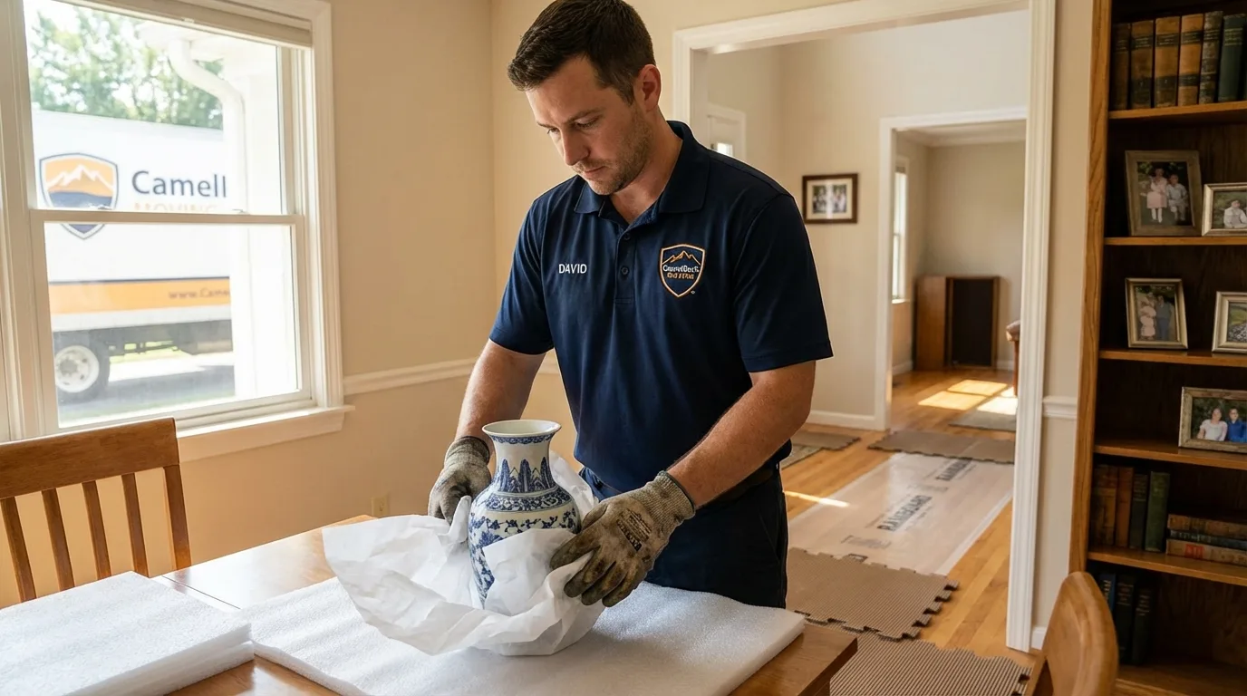 Professional crew carefully wrapping antique vase for senior downsizing move in Moultonborough, NH